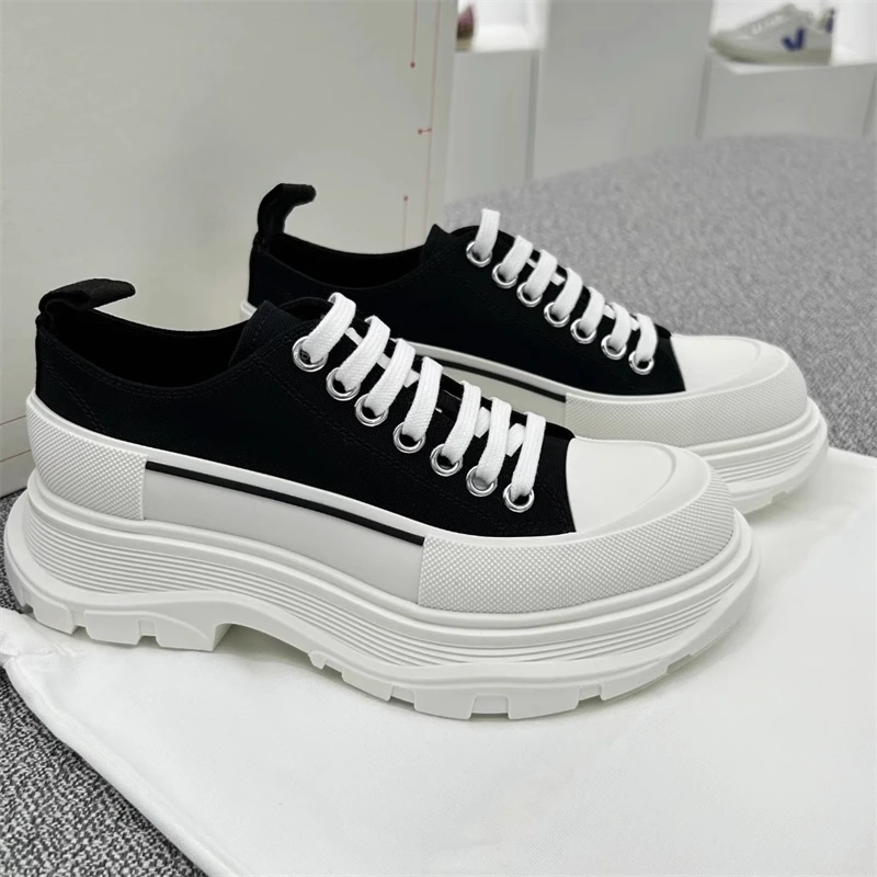 杨幂同款黑白麦昆帆布鞋女2025夏季新款流行厚底增高情侣款休闲鞋