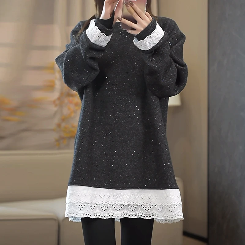 蕾丝拼接亮闪闪长袖T恤女春秋洋气别致漂亮减龄假两件中长款上衣