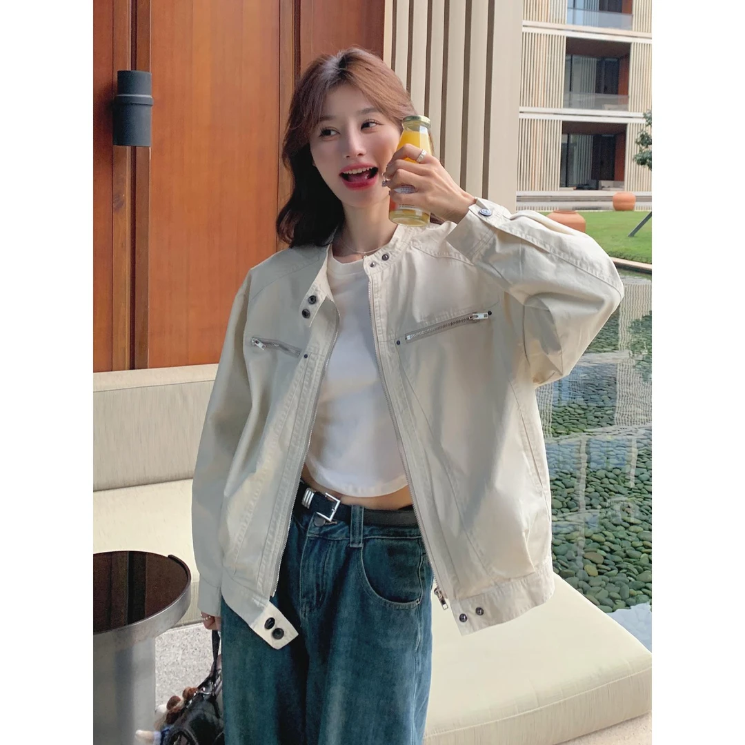 米白色工装外套女短款2024春秋新款韩系小个子百搭休闲夹克上衣潮