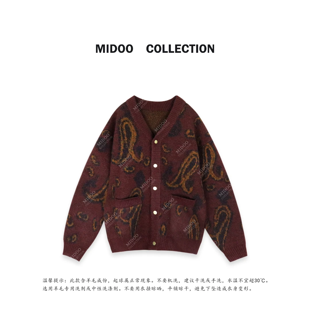 MIDOO 复古腰果纹提花V领毛衣开衫