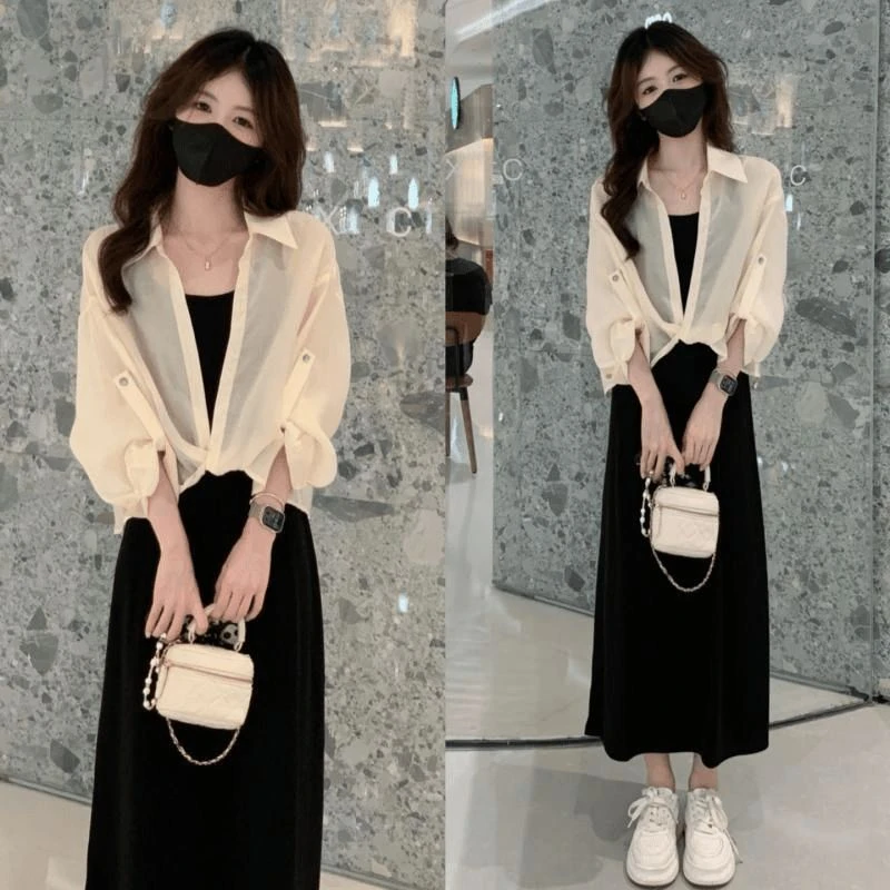 今年流行的夏装套装女衬衫吊带连衣裙时尚减龄显瘦遮肉两件套