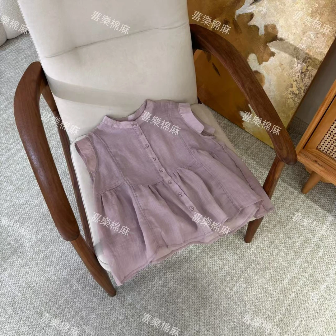 喜樂 2025 42支苎麻12片拼接压线圆领飞飞袖衬衫夏季新款纯色上衣