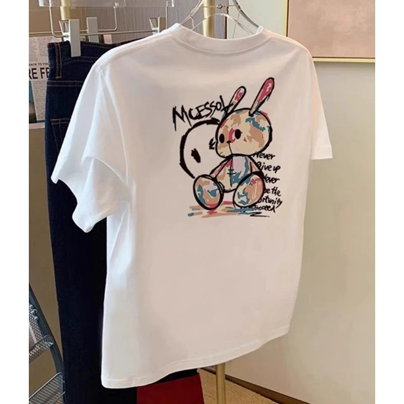 白色夏季洋气宽松休闲小熊短袖t恤女春宽松小众设计感纯棉上衣ins