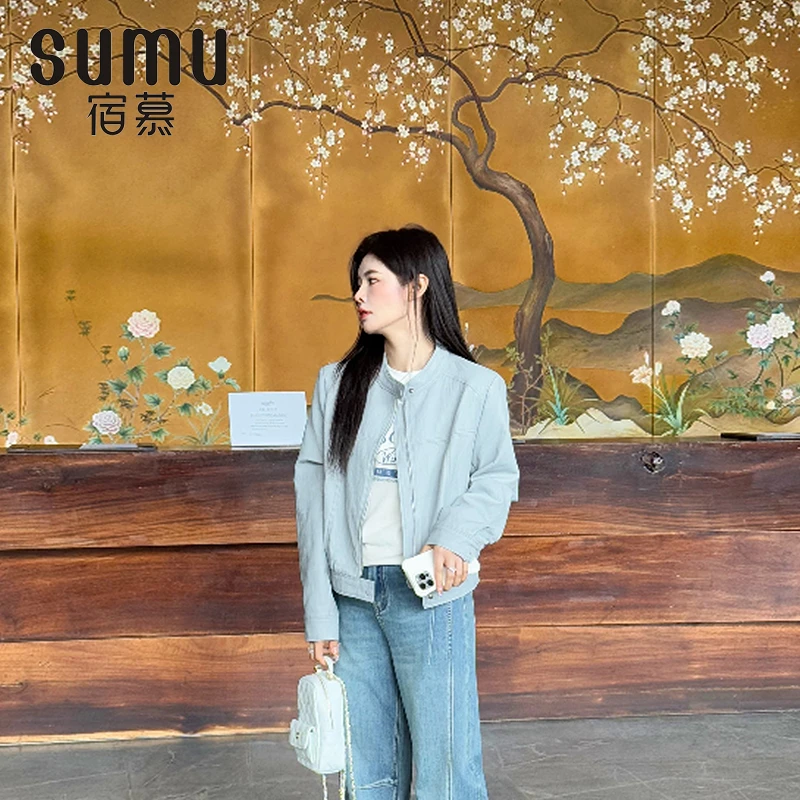 宿慕SUMU女装短款百搭皮衣外套2-16春季新款宽松洋气衣服女M000AZ