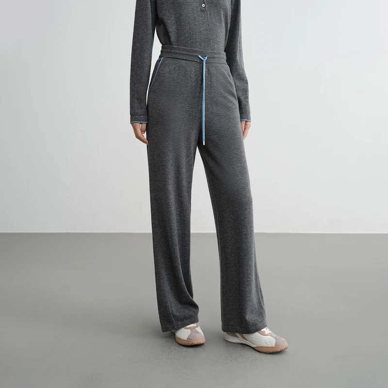 EP雅莹2025新品 羊毛羊绒混纺抽绳松紧腰柔软弹力细腻直筒裤9617A