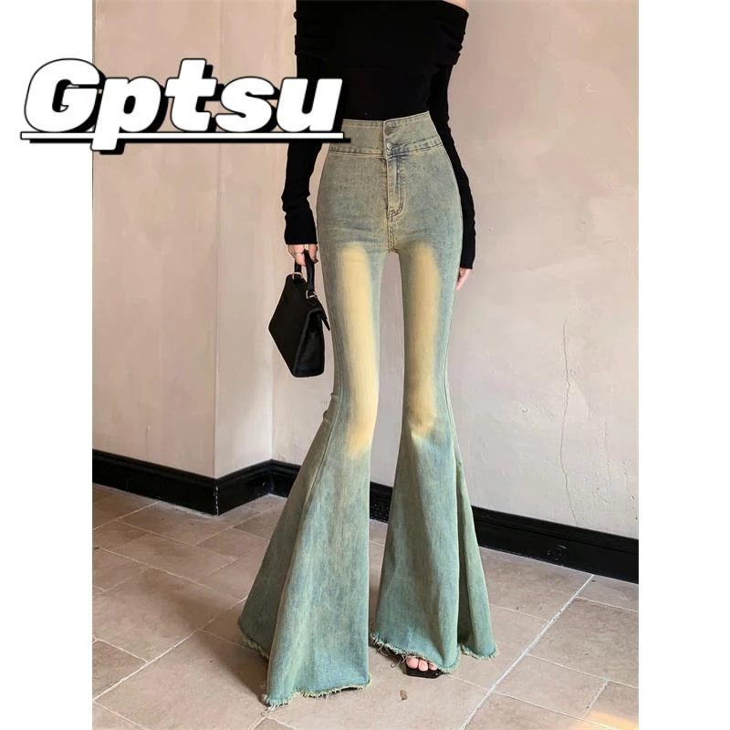 GPTSu复古水洗毛边大喇叭牛仔裤女设计感高腰修身裤拖地鱼尾长裤