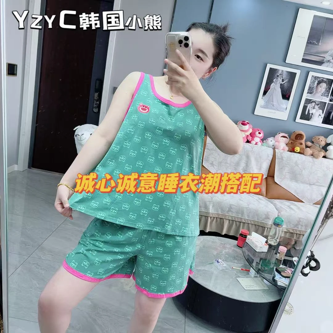 夏季时尚新款圆领刺绣草莓熊无袖吊带休闲宽松舒适睡衣家居服套装