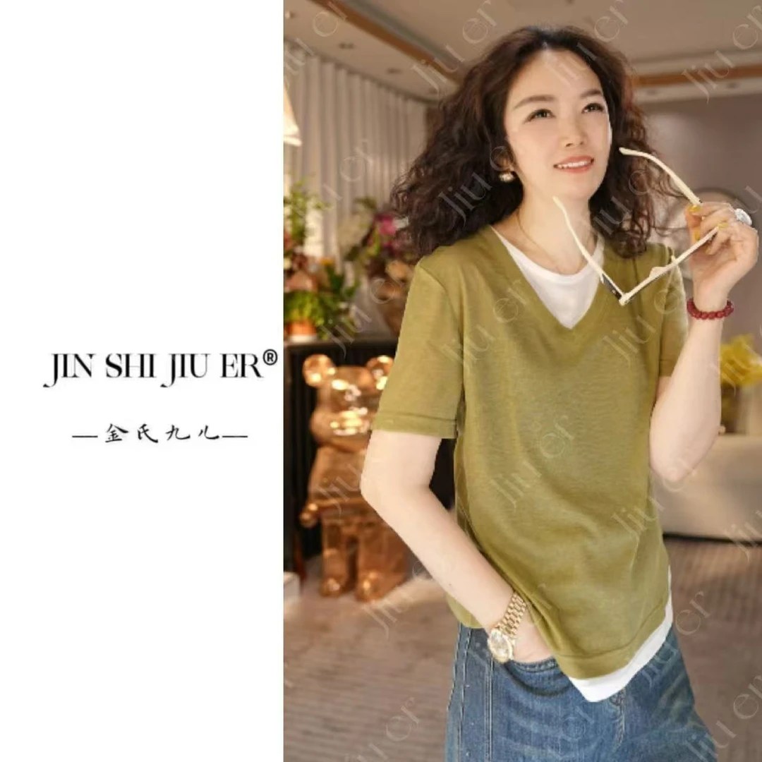 法式时尚撞色假两件t恤女2025夏季新款设计感百搭上衣