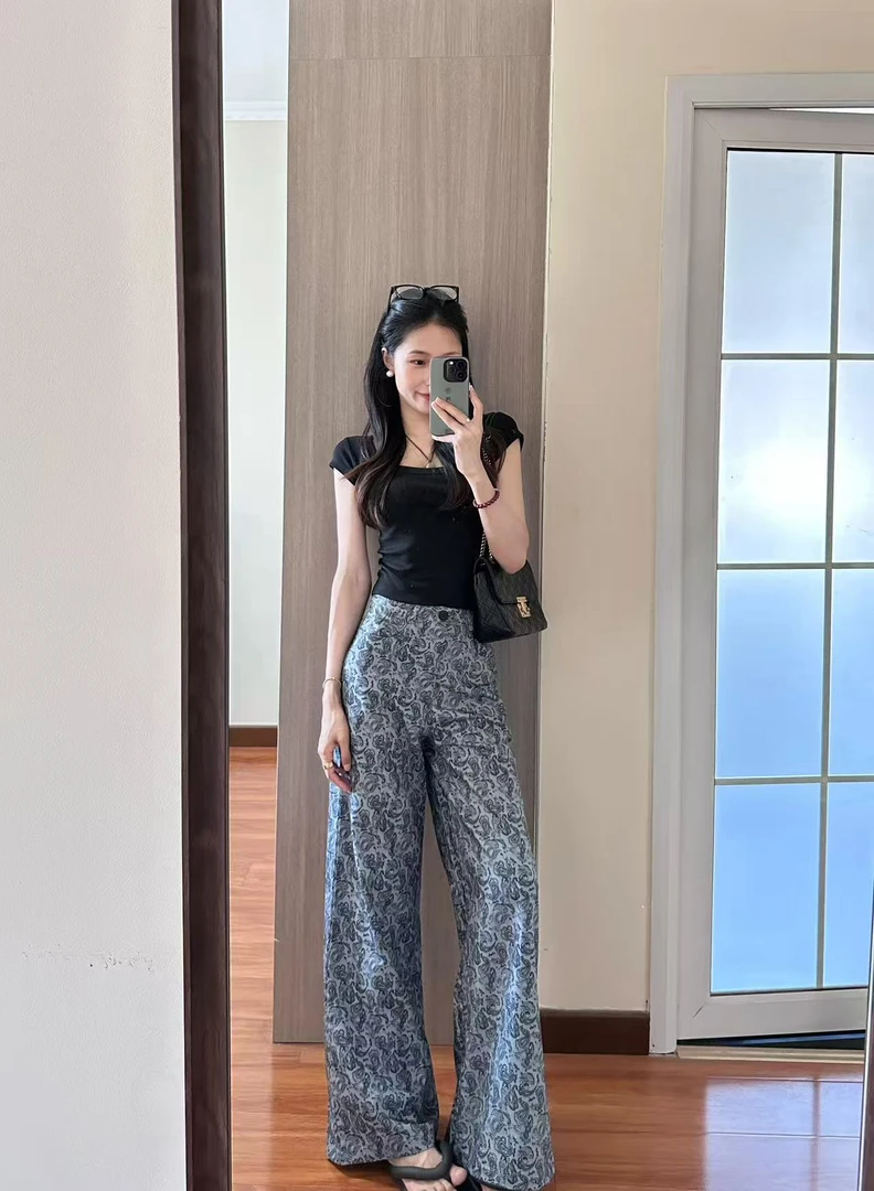 2025夏季新款黑色方领坎肩无袖针织短袖女t恤百搭上衣碎花直筒裤