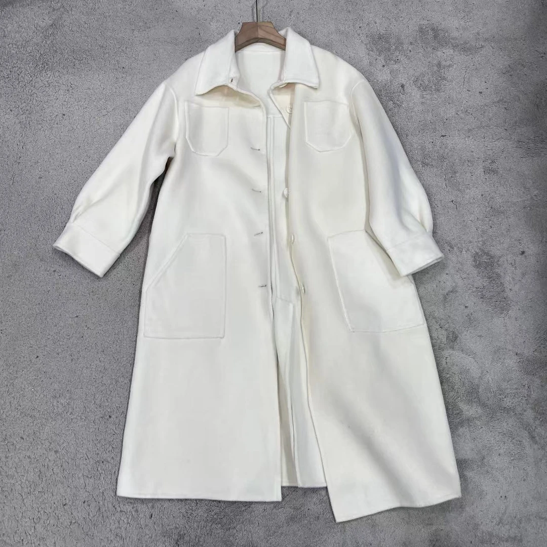 25秋冬韩版设计减龄休闲口袋设计白色双面羊毛大衣女