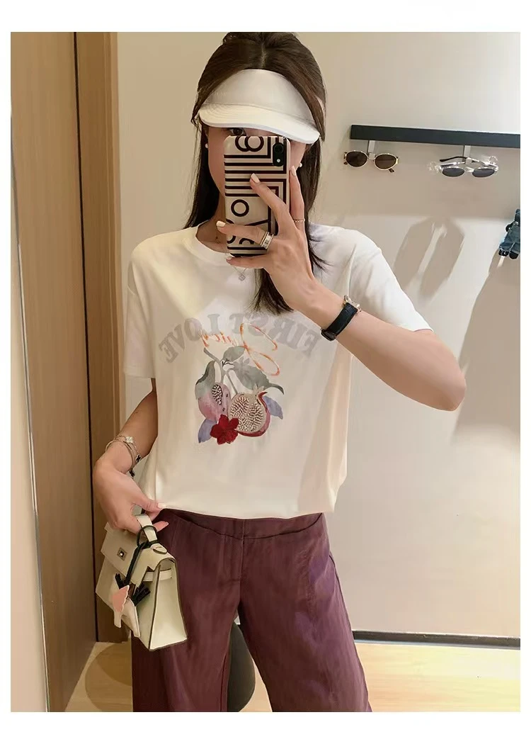 掌柜家钉珠石榴T新款刺绣印花短袖5137