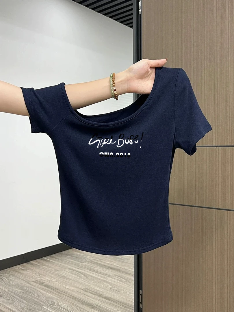 夏季辣妹设计感露肩显瘦短袖T恤女性感法式斜肩别致韩夏曼服饰坊