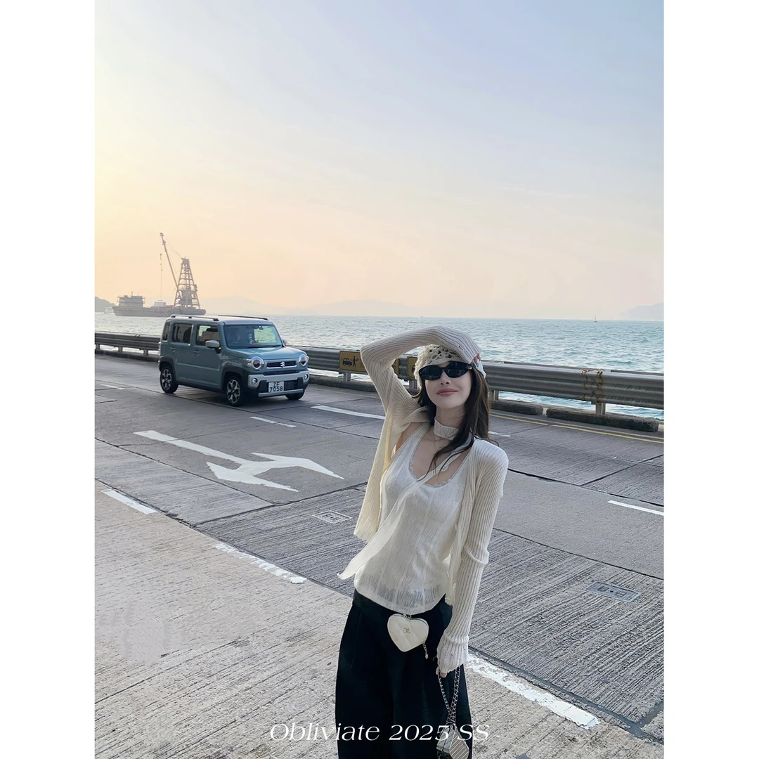 一忘皆空“清冷雾纱”um@莱赛尔破边针织衫女春夏设计感开衫外套