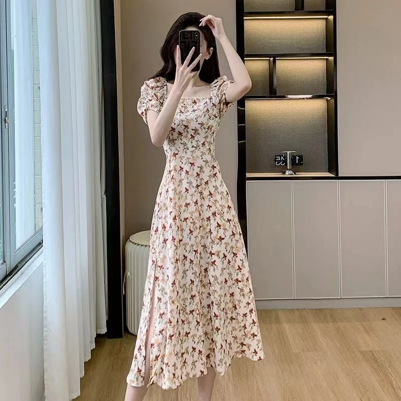 【1917人收藏】法式复古碎花连衣裙女2025夏新款韩版泡泡袖开叉显瘦