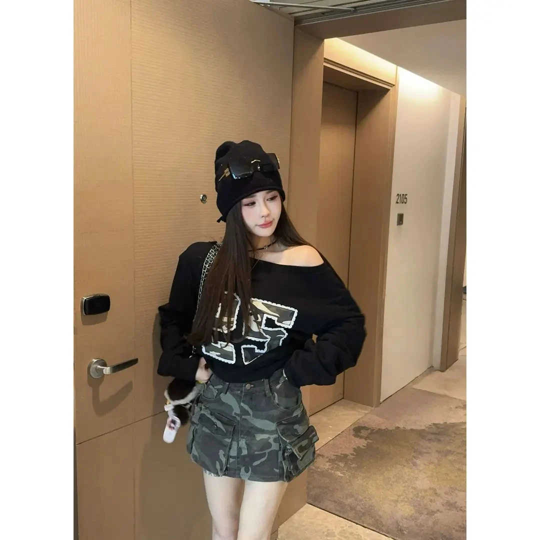【逃跑计划】2025早秋季新款辣妹迷彩拉肩卫衣+工装半裙两件套装女