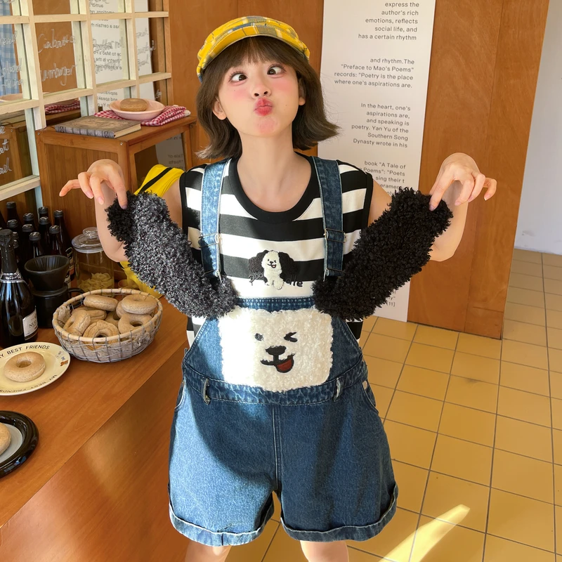 森女部落原创可爱萌趣立体小狗短裤背带裤宽松牛仔裤夏季新款女