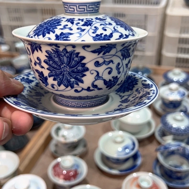 瓷片白青花缠枝莲元宝盖碗全品
