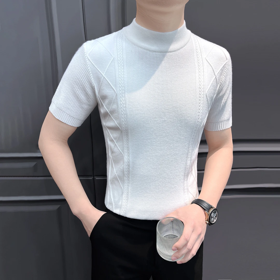 半高领短袖t恤男爆款2025新款高级感男装菱形格条纹针织男款上衣