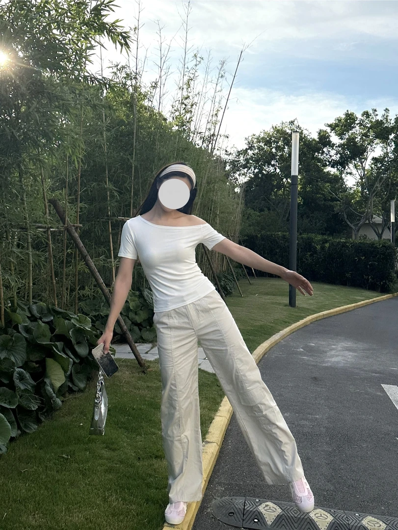 一字肩斜肩短袖t恤女新款设计感气质露肩宽松慵懒风显瘦上衣807