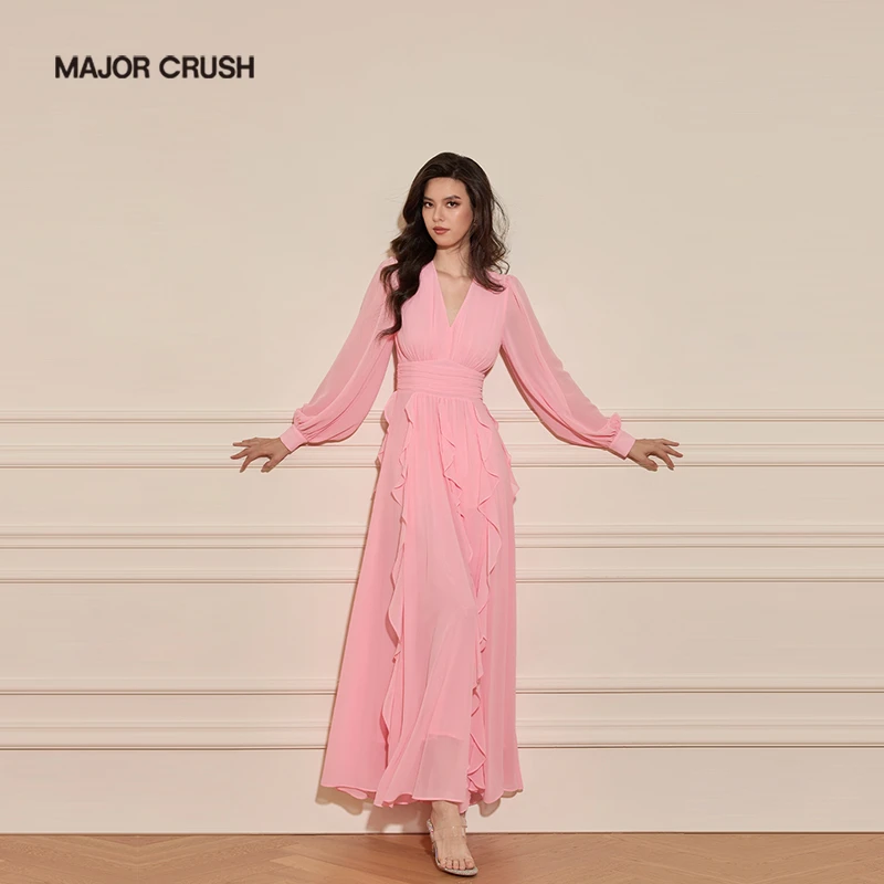 MAJOR CRUSH早秋新款法式优雅芍药粉收腰大摆宽松长袖连衣裙6683