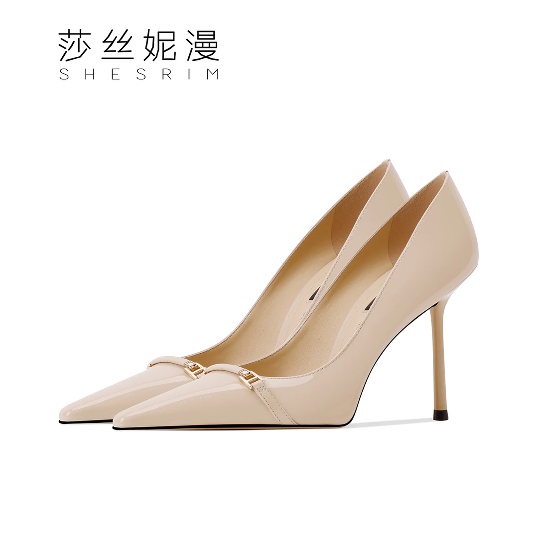 【6.5cm/8.5cm】裸色尖头高跟鞋女时尚亮漆皮气质通勤真皮细跟尖头
