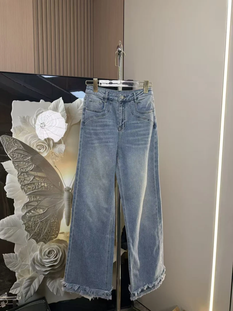 8093#复古浅蓝色阔腿满钻牛仔裤女春秋高腰毛边筒喇裤牛仔裤