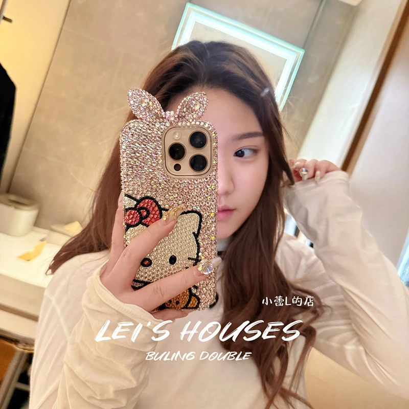 kitty满钻兔耳朵蝴蝶结kitty手机壳15pro适用17苹果16promax华为