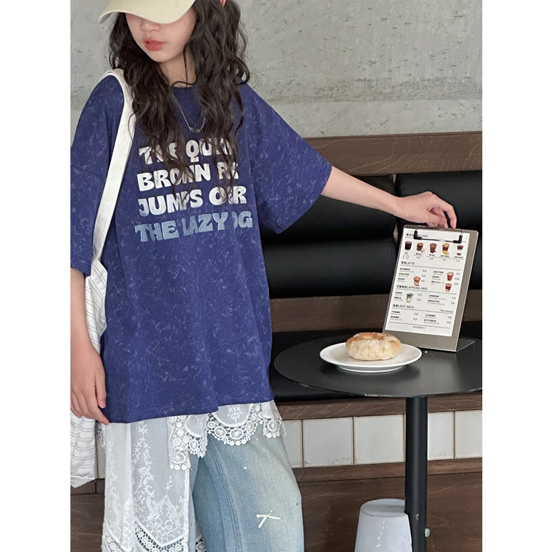 K28143蜡染做旧女童短袖T恤2025夏装新款儿童上衣女童春夏半袖潮t