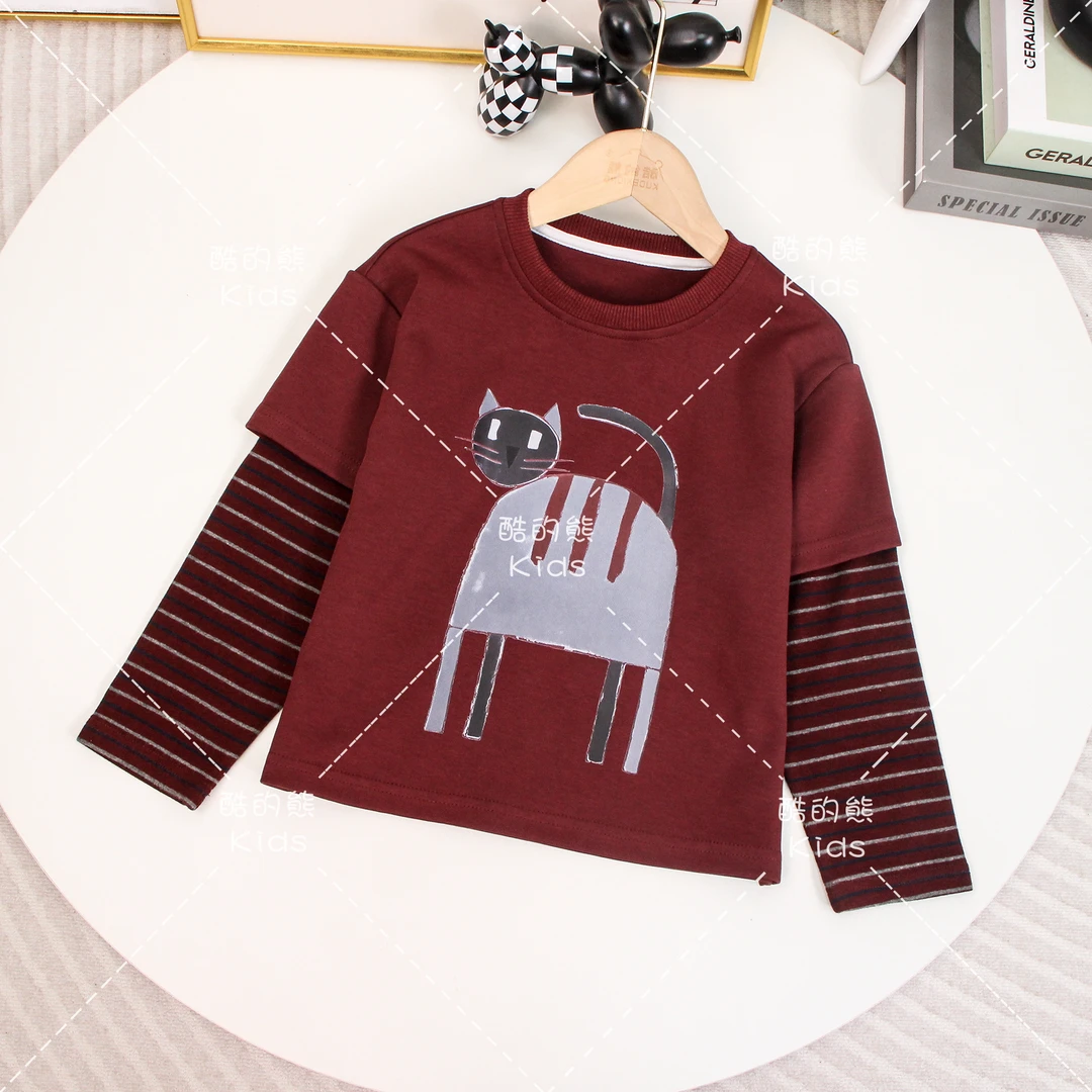 男童女童圆领长袖上衣儿童休闲2025秋装卡通风假俩件上衣D3T5-928