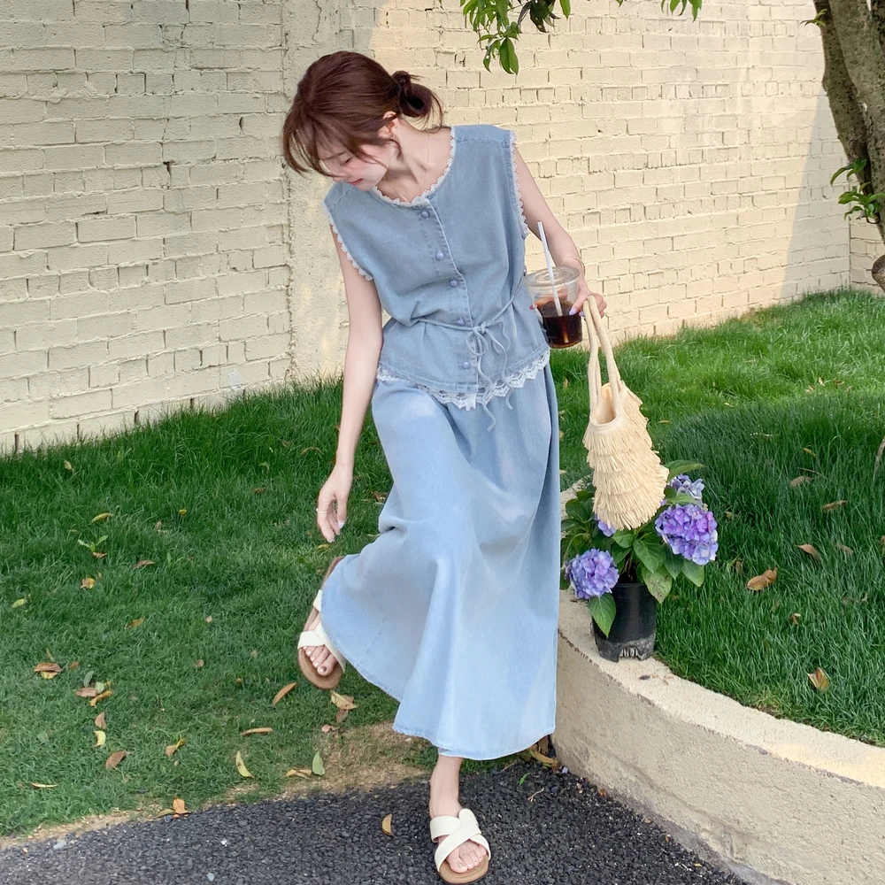 甜美蕾丝花边牛仔马甲半身裙套装女夏2025新款大方得体穿搭两件套