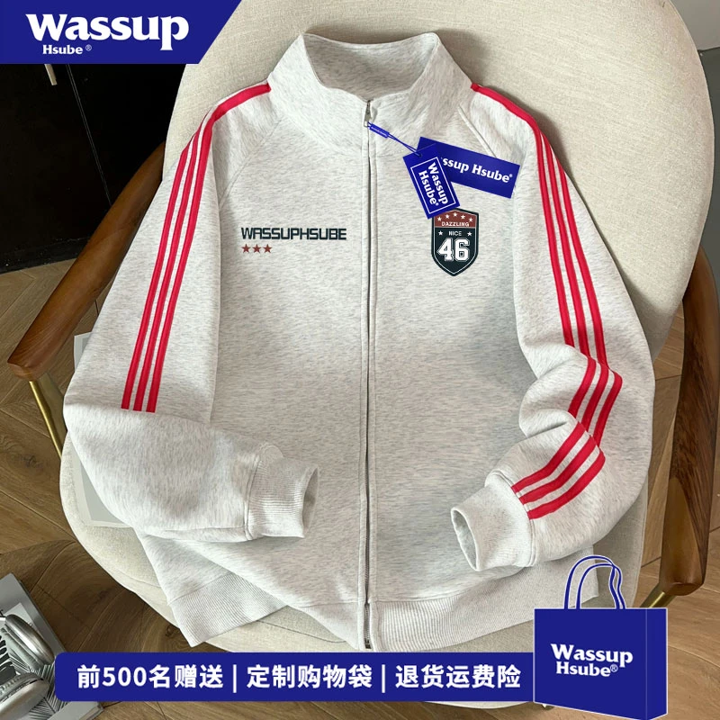WASSUP HSUBE 秋冬个性百搭立领外套盾牌字母印花三条杠开衫卫衣