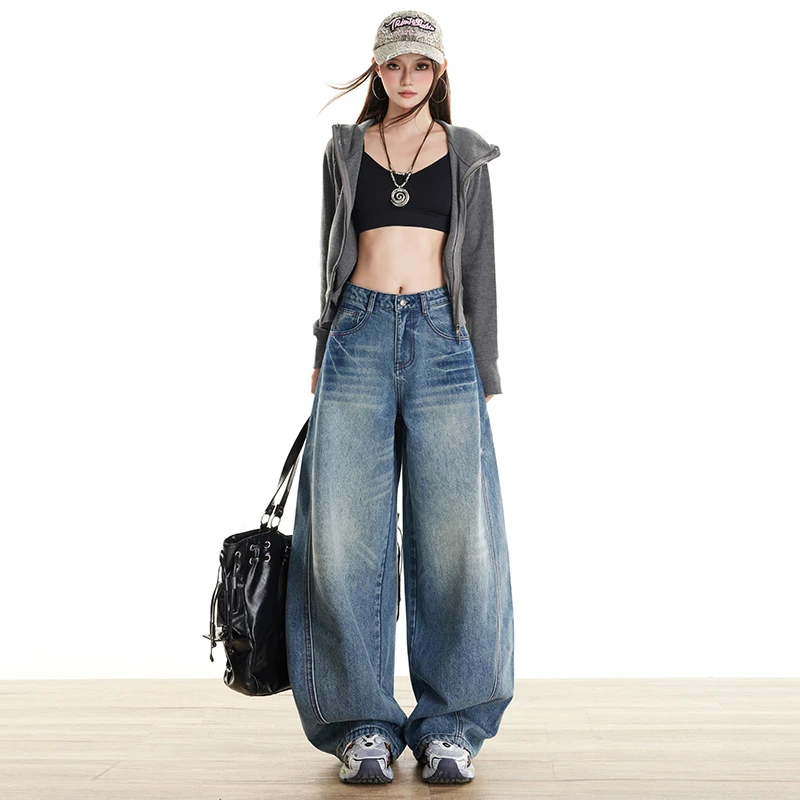 GL 特色洗水弯刀牛仔裤子阔腿女秋季设计感高腰宽松显瘦直筒百搭