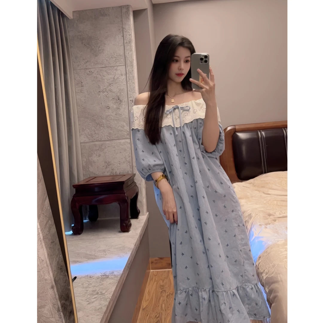 夏天甜美公主风短袖宽松纯棉睡衣女100%全棉夏季中长款睡裙家居服