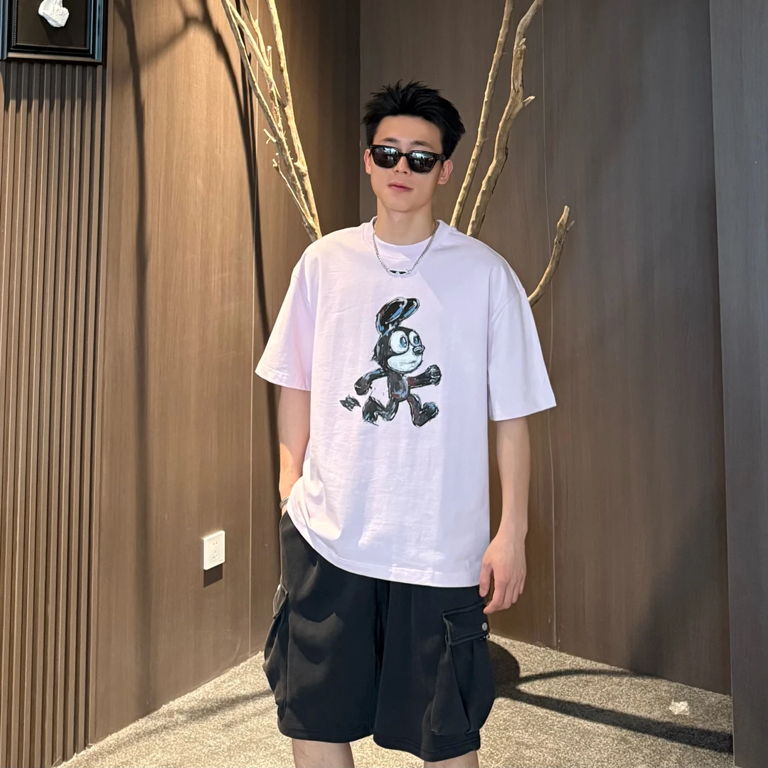 AAL夏季潮流美式高街简约百搭涂鸦兔子圆领宽松索罗娜男士T恤073