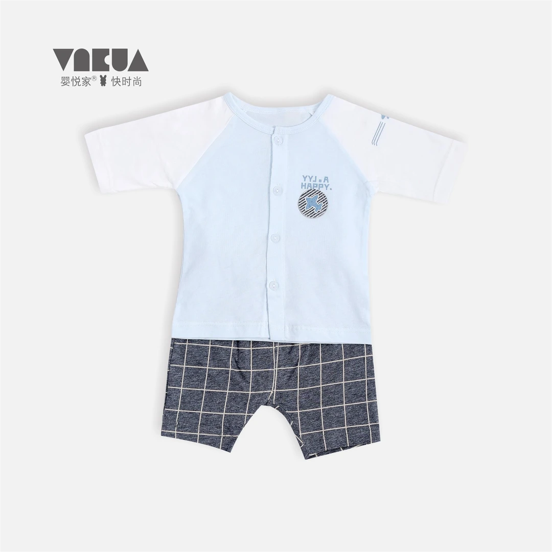 婴悦家夏季0-3岁可爱男宝宝婴童飞翔梦单面七分袖开胸套装68918
