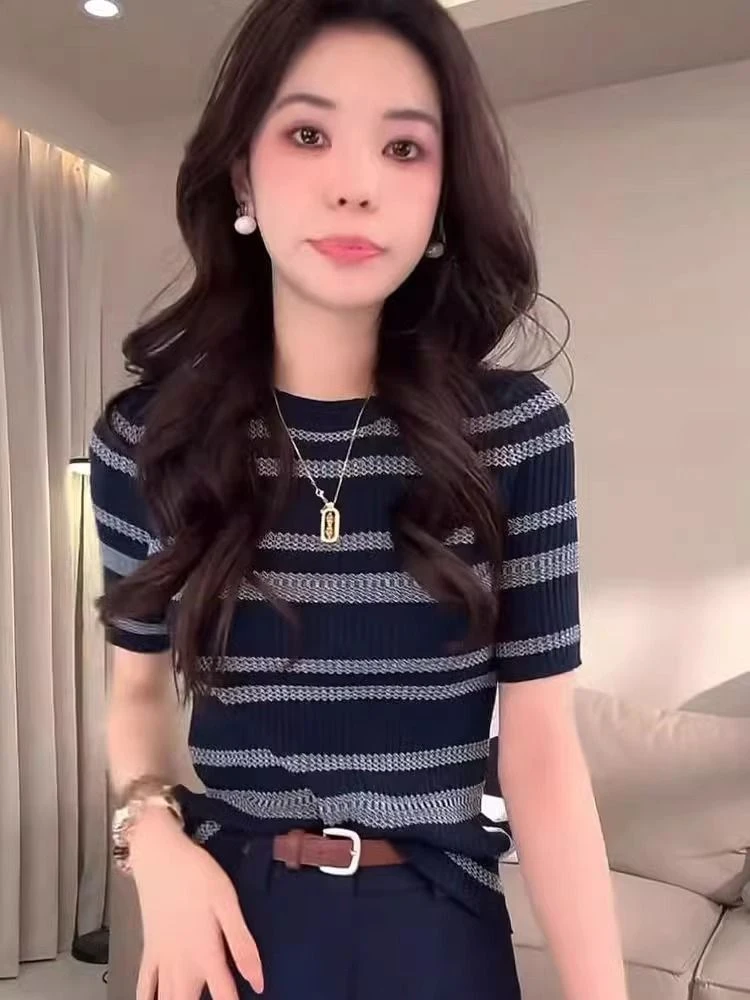 欧货撞色条纹镂空薄款针织上衣女夏2025新款百搭时尚圆领短袖t恤