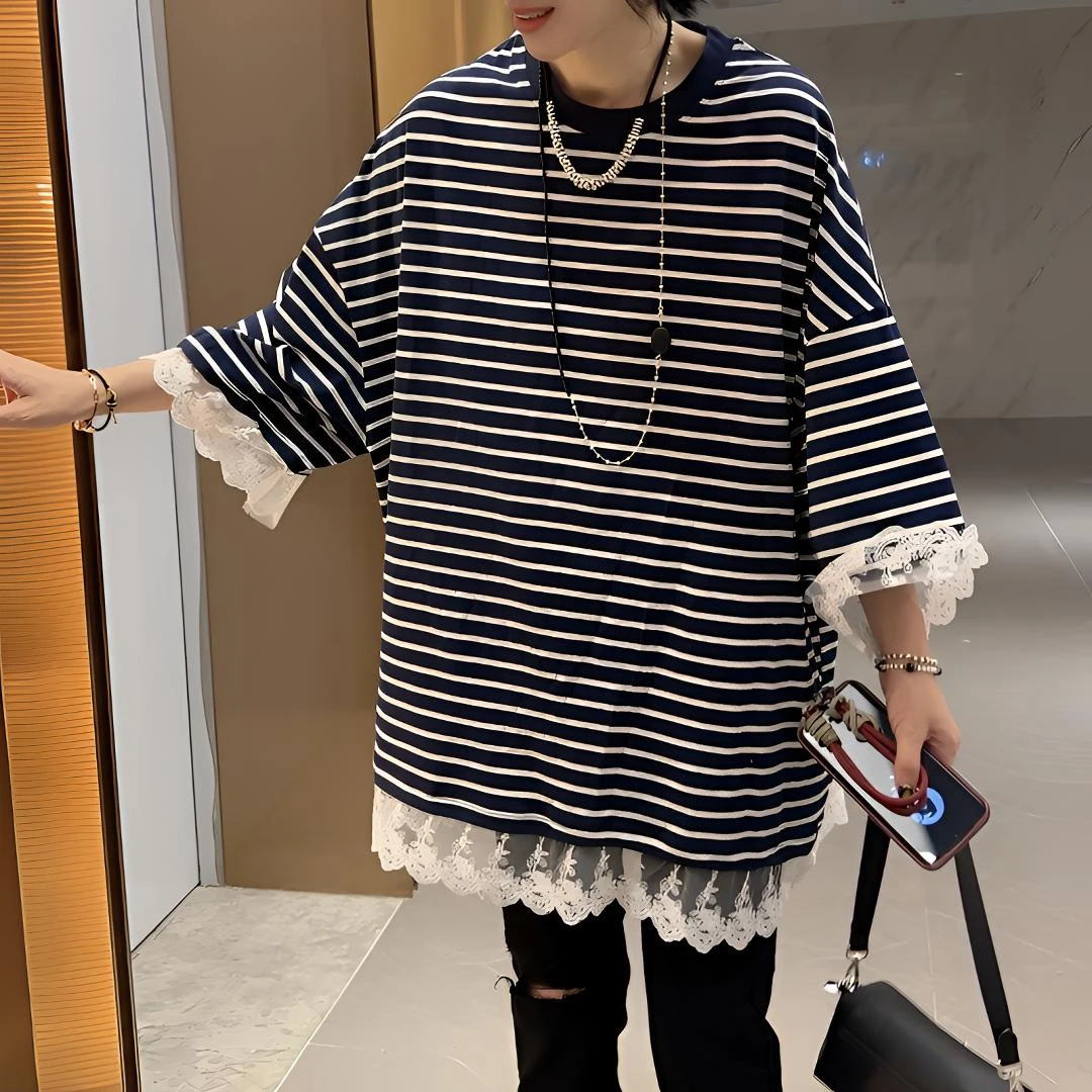【芬芬姐精选】春季宽松条纹蕾丝拼接条纹上衣百搭洋气T恤5925