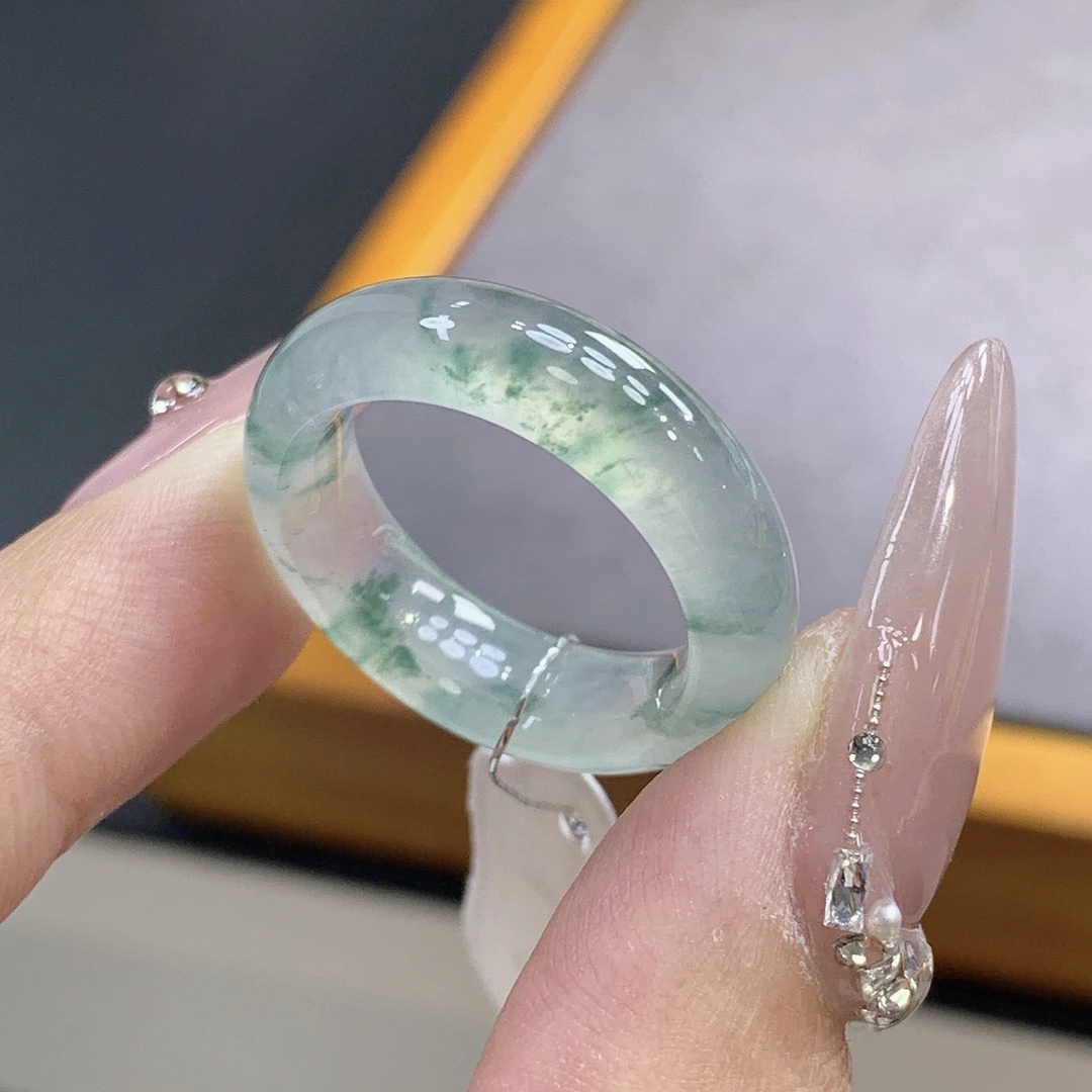 14-15圈 缅甸天然翡翠 高冰白底飘花翡翠戒圈尺寸17.3-6.2-4mm