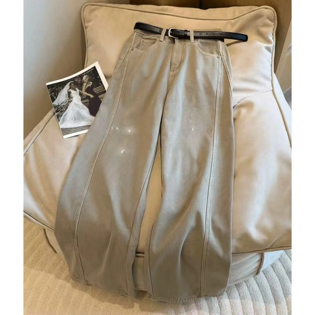 【送腰带】冬季加绒直筒弯刀裤高腰牛仔裤宽松韩版百搭裤子