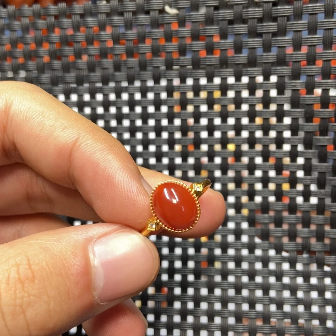 南红玛瑙银S925镀金镶嵌戒指