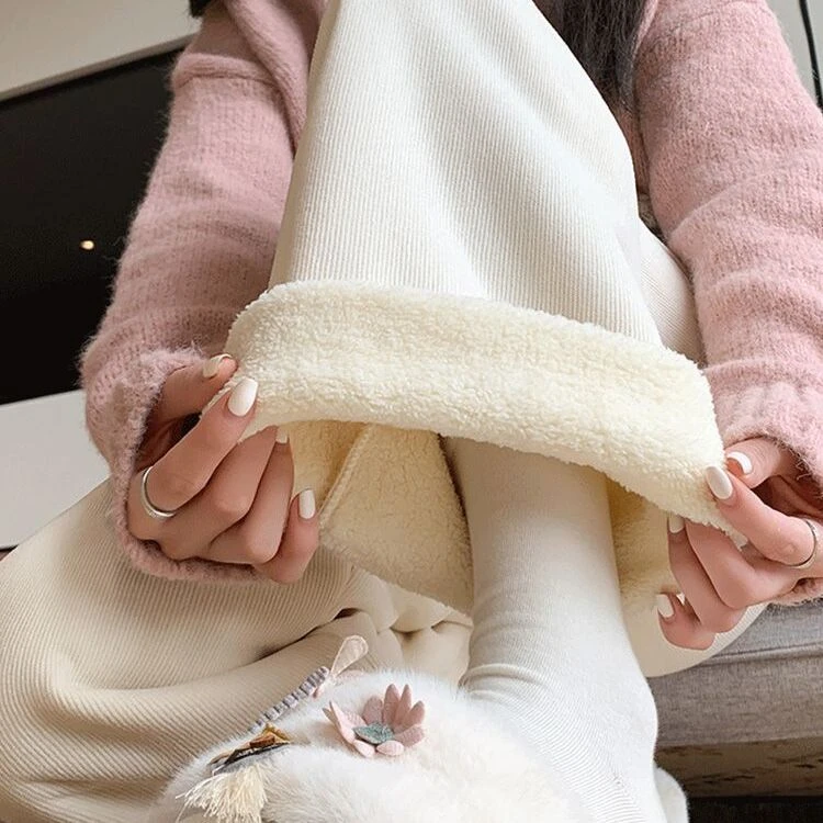 米白羊羔绒灯芯绒阔腿裤女2025新款休闲保暖加绒特厚小个子棉裤