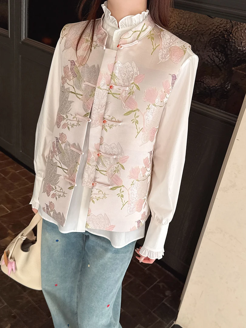 新中式盘花立领真丝气质时尚刺绣粉丝绒马甲+长袖外套