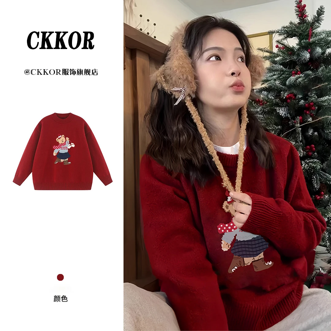 CKKOR冬季新款加绒加厚新年战袍红色毛衣女韩版宽松显瘦针织上衣