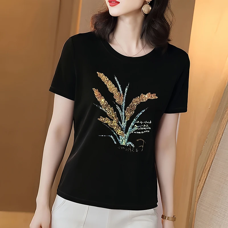 夏季新款2025半袖t恤女修身显瘦妈妈装短袖圆领烫钻时尚高级