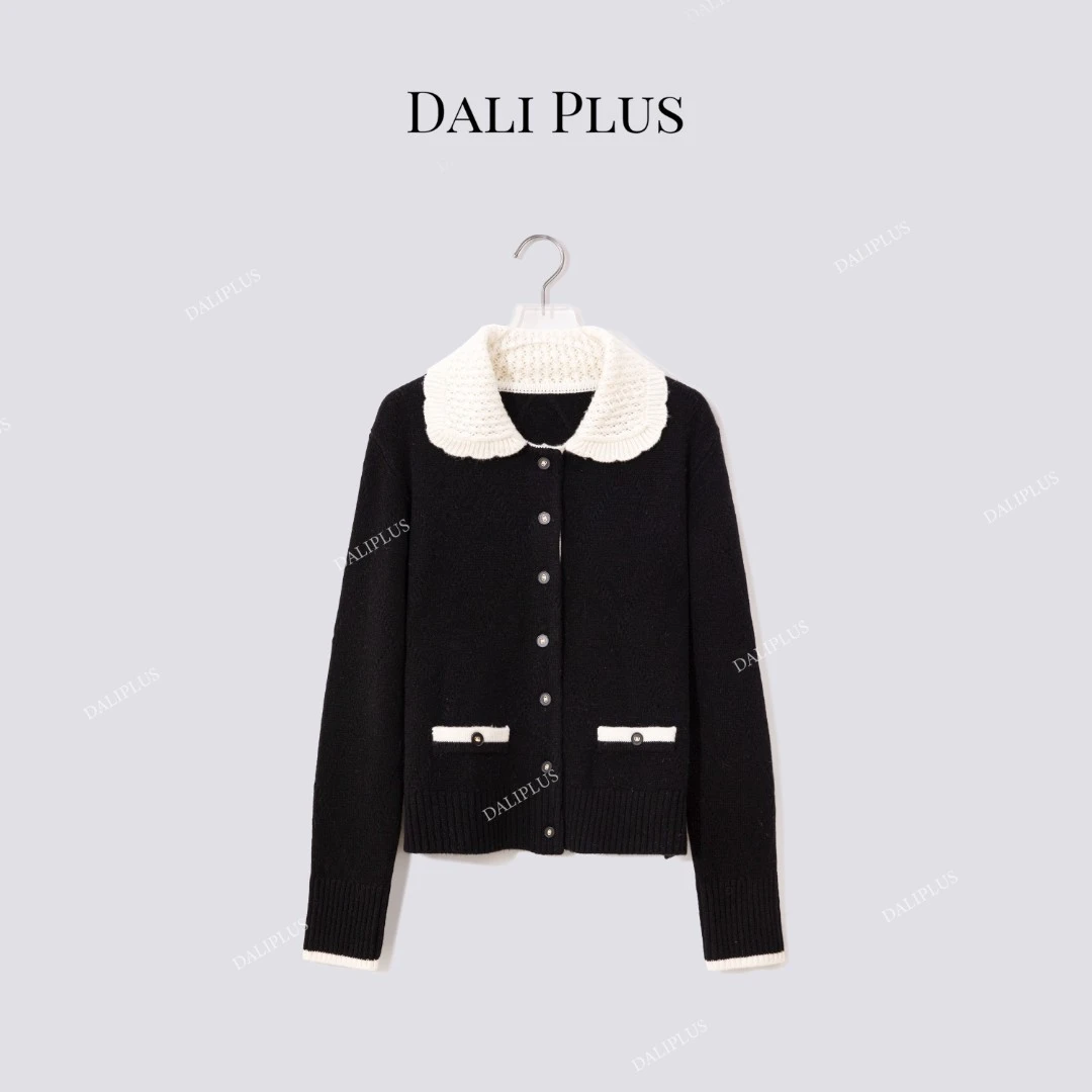 DALI PLUS“山羊绒绵羊毛外套”手钩翻领长袖针织开衫-D5CH4929