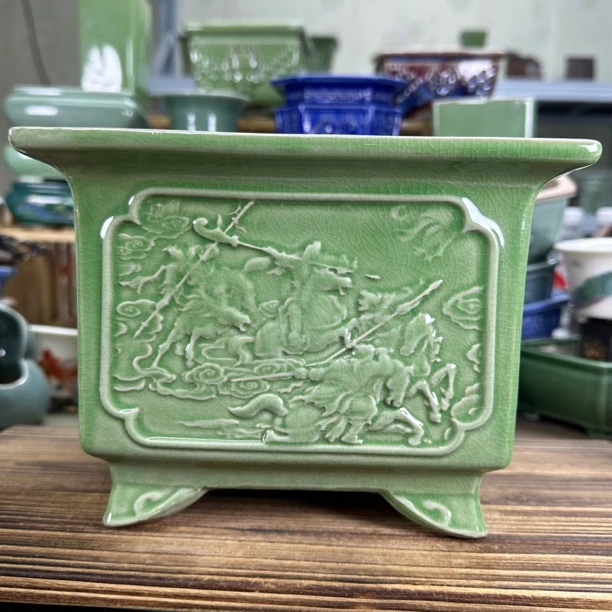 【直播浮力846】20*14.5cm花盆浮雕冰裂三英战吕布创意大四方四足盆