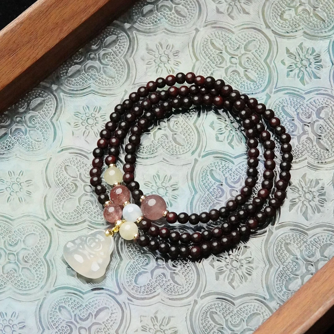 天然小叶紫檀4mm圆珠雕刻佛三圈手串