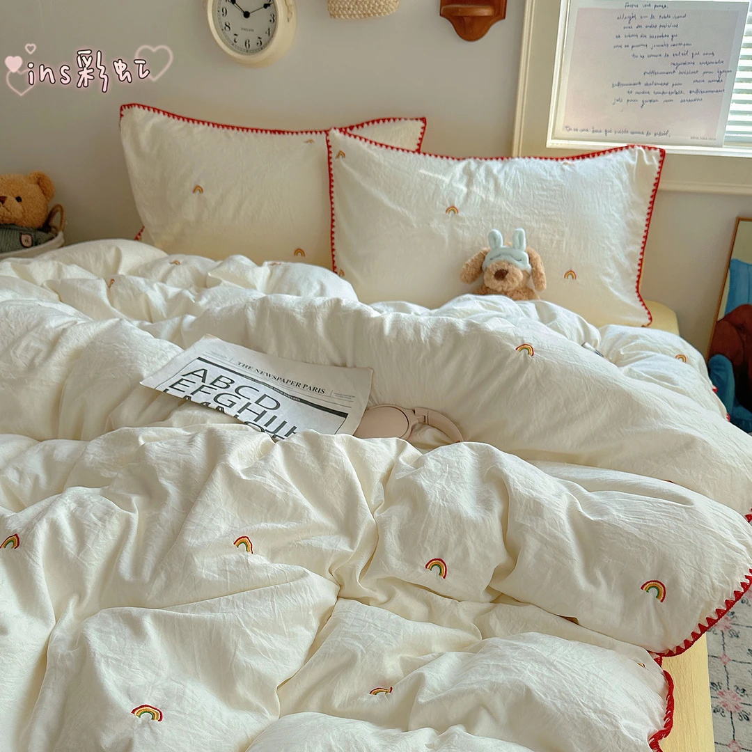 刺绣小彩虹ins风亲肤四件套可裸睡床单被套少女心柔软家用三件套