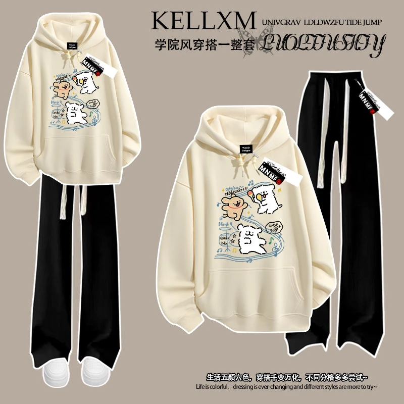 卡通线条小狗印花秋季女童连帽卫衣长裤套装韩系百搭中大童两件套