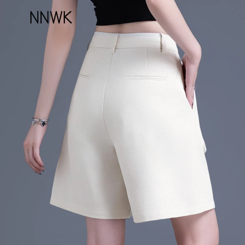 米白色高腰短裤女款爆款2025夏季薄款女士棉麻五分裤宽松休闲裤子